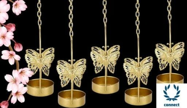 Golden Butterfly Hanging Candle Holder-Set of 5 - Metal, Multipack:5